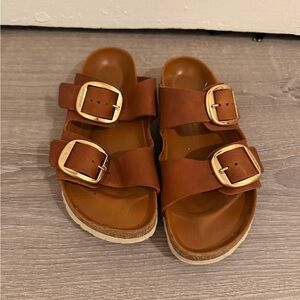 Birkenstock Brown Sandals with Gold Buckles